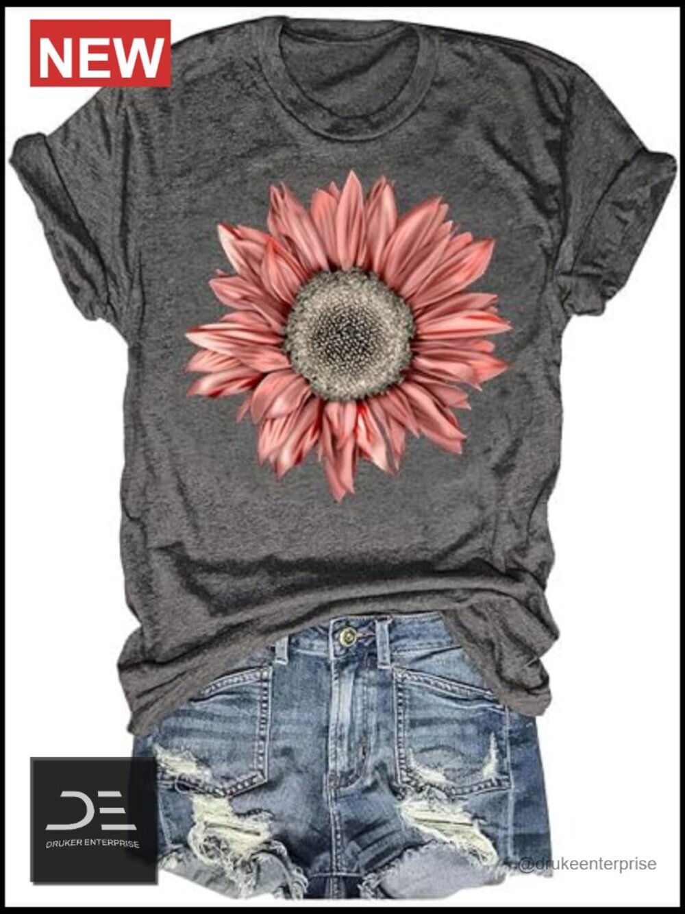 Sunflower Graphic Tee - Crew Neck Short Sleeve Loose Fit Cotton Blend T-Shirt